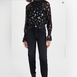 Ramy Brook Stassi Star Print Blouse Black Sheer Long Sleeve High Neck